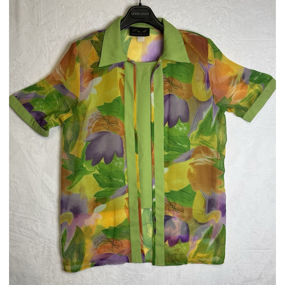 P &M USA 2 Piece Blouse Jacket Set M-L Green Floral Sheer Short Sleeve Vintage